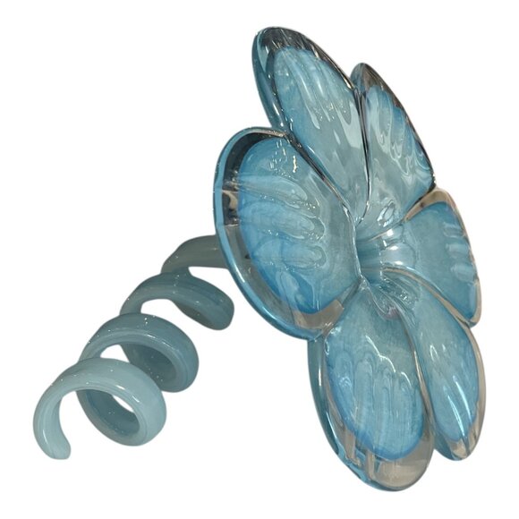 Hand-Blown Art Glass Flower Sculpture – Blue & White Swirl – Curling Stem 7" - Picture 1 of 7